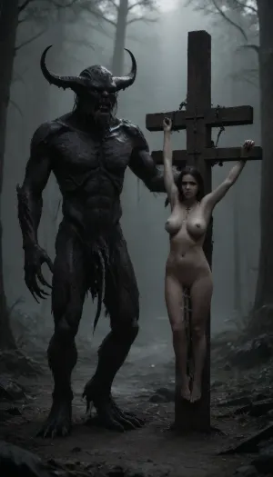 execution by hanging, naked woman 69 years old., CROSS_T, Crucifixion, Arms, Spread, Legs, Together, concept, art, realistic, dark, theme, low, light, эх, hybrid, (transformer), (Succubus, wомаn), (monster, wostanding next to her:1.3), 5 fingers, huge, anime, hugest, man, ever, cumming, skirtlift, cum, on, face, <lora:Cross T:.8>, <lora:Concept Art DarkSide Style LoRA_SeaArt Furry XL 1.0:.8>