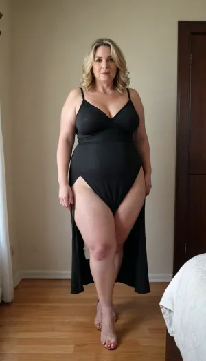 bbw fat mature milf with a big fat ass, a fat belly, and slight cellulite is wearing a low-cut v-neck sleeveless spaghetti strap black sundress. Saggy. She has huge hips. She is walking into a bedroom