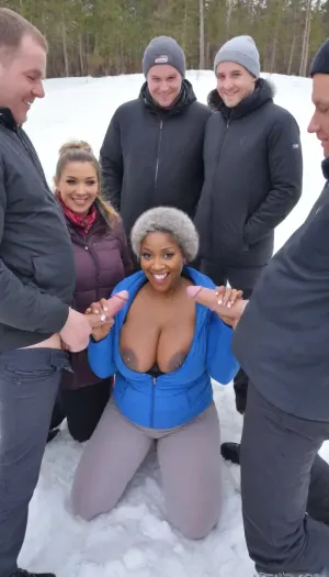 A group of smiling 60 years old ebony grandmother having fun, oversized massive siliconed tits, casual winter clothes, exhibitionist, kneeling, giving handjobs and a blowjob to a group of fat white boys, snow High detailed photo, high quality photo, portait
