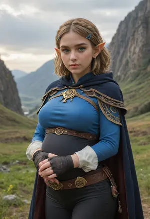 princess_zelda_aiwaifu, aiwaifu, pregnant, large breasts, pointy ears, braid, hair ornament, hairclip, gloves, fingerless gloves, blue shirt, shirt, long sleeves, crown braid, bangs, pants, black gloves, green eyes, parted bangs, black pants, short hair, long hair, cape, sidelocks, hood, thick eyebrows, jewelry, hooded cape, belt, tight pants, tight, puffy sleeves, masterpiece, best quality, ultra detailed, 8k, cinematic light, highly detailed, scenery, pose, solo, looking at viewer