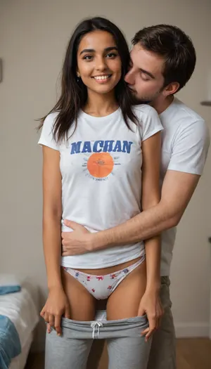 19 yo, ((Indian girl)), wearing panties. She is short, cute, skinny, slender, not so tall, long hair, she is smiling and happy, perfect teeth, She has a happy expression, Best quality., ((she is wearing a T-shirt and panties)), ., (((Her panties are the center of the image))), and she is facing forward. Her boyfriend is standing behind the girl, standing very close. He is touching her chest area and kissing her neck. Her hair is up in a bun., (((Her sweat pants are pulled down to reveal her panties))), (((her panties are the center of the image))), . The man’s expression is sexually aroused. He is wearing pajama pants and a sweater. His face is visible and he is kissing her ear. He has short hair. Panties

brown perfecteyes, Indian, beauty, most, beautiful, and, attractive, sexy, body, <lora:PerfectEyesXL:.8>, <lora:lora-000004 (1):.8>