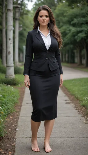 masterpiece, best quality, absurdres, high definition, outside, evening, ((((mature curvy woman, tight body, long hair)))), mahoillu, shirt, kuromorimine school uniform, black jacket, stand-up collar, long sleeves, tight skirt, barefoot, (full body view:1.5)