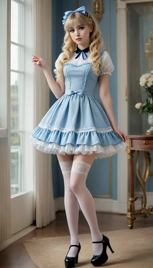 Uhd, 8k, full body in portrait, Woman, 18, blonde wavy long hair in a ponytail, white stockings, black maryjane heels, light blue microdress, rating explicit, sweetegl, sweetop, swe3tjsk, bl0use, <lora:add-detail-xl:1>, <lora:Randommaxx_nsfw_merge_v3_lora_fp16:1>, <lora:SweetLolitaXLv4.23:.9>