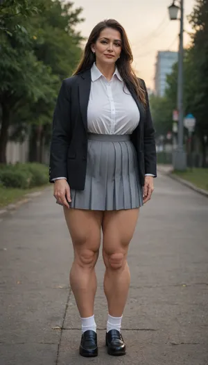 masterpiece, best quality, absurdres, highres, outside, evening, ((((mature massive muscular female, full body, older. long hair)))), mahoillu, dress shirt, kuromorimine school uniform, black jacket, wing collar, long sleeves, pleated skirt, shoes, kneehighs
