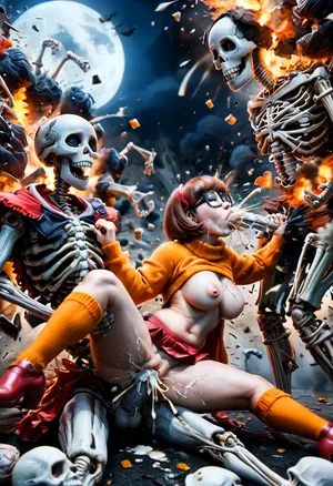 ((ultimate realism)), (Velma Dinkley withy a beaty body), cute, innocent, gorgeous, desirable, pleasing, goddess, intense moaning, torn purple stretch outfit, spitroast, ((gang banged by three skeleton monsters with white dicks:1.4)), (skeletons breaks:1.3), double penetration, oral penetration, deepthroat, throat bulge, cum on face, (cum on large tits), cum in pussy, (skeleton head explosion:1.8), in a dark haunted mansion at night, moon in sky, fog, (skeleton explosion:1.7), eerie atmosphere, (cum explosion:1.6), (Velma Dinkley withy a beaty human body:1.4), ral-vlntxplzn, <lora:ral-vlntxplzn-sdxl:1.4>, <lora:Microwaist_XL_v01:1.3>, <lora:MJ52:.6>, <lora:xl_more_art-full_v1:.4>