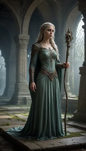 An elf in the catacombs, lit by a dim green glow from glowing mosses and crystals on the walls. It stands in the center of an ancient hall with high arches covered with carved symbols and patterns, partially destroyed by time. She is wearing light armor made of intertwined branches and metal, decorated with tiny crystals, and a long cloak with silver runes embroidered on it. Her hair, the color of frosty green, falls to her shoulders, entwined with thin twigs and leaves. In her hands, she holds a staff that emits a soft bluish glow that reflects off the marble sarcophagi around her. All around it are skeletons, dilapidated statues of elven heroes, and ancient tombstones covered in dust and cobwebs. In the background are deep shadows, from which the glowing eyes of the watching creatures are barely visible. Under your feet — shallow water or puddles that reflect light and create a feeling of unsteadiness in space. The atmosphere is steeped in silence and tension, as if every second can lead to the awakening of something ancient. Cinematic lighting, high detail, dark fantasy aesthetics, symbolism of death and secrets of the past.