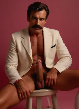 1980s style.Studio photo. Full body photo of a slim fit mature dark-haired French man with a big moustache wearing a white elegant jacket, white short tennis socks and white golf sneakers sitting on a white chair. His legs are spread and his long flaccid penis is visible. His legs are hairy. Pink studio background. longshot, long shot, zoomed out, @hrypctls1, hairy, handslora, <lora:xpenis-1.5e:.5>, <lora:@hrypctls1.v1.concept.sdxl_epoch_3:.2>, <lora:pein:.5>, <lora:MJ52:.3>, <lora:590198_training_data:.8>