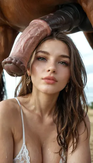 Ein filmisches Spektakel: ein submissives Mädchen kniet unter einem gigantischen Pferdestall, betont ihre perky Titten und saftige Nippel in einem stimmungsvollen, epischen stabilen Schuss