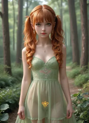 score_9, score_8_up, score_7_up, masterpiece, absurd, (realistic:1.3), (neon light-green theme:1.1), nsfw, (1girl:1.3), adult hot girl, nice colors, beautiful, curly hair, long and voluminous, curly, (orange hair:1.3), ((pigtails)), very thick hair, pale skin, velvet around the neck, trees and plants, forest, soft light, shadows on the face, long hair, looks at the camera, blush. closed mouth, pubic tattoo, makeup, little light-green transparent dress, (huge yellow eyes:1.3), earrings, strong and unique, knees