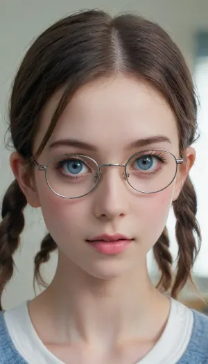 (((The whole body is visible))), nude, (photo taken in class), (((round thin-rimmed glasses))), (((narrow low face))), young face, Super realistic, perfect lighting, (best shadow), 8K, UHD, clear image, (best lighting), highest quality, ultra-detailed images, fine details, high resolution, 8k, (skinny waist), (skinny), Euro-American, (18 years old), bright blue eyes, dark brown hair, pigtails, very detailed face, blush, white skin, tt_flat, BJ_Oxygen, krnpp, <lora:reallora1:.5>, <lora:Oxygen girl_SDXL1.0:.5>, <lora:karina_sdxl_v10:.5>
