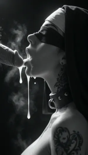 score_9, score_8_up, score_7_up, (white man), (close up), muscular, (steam on mouth:1.4), seven inches penis, (standing up straight), excessive cum, dripping on to girl, cum, (looks with love and happy), (((profile view))), cum shooting, cum dripping, (((nun))), (woman 20yo kneeling), (woman looking up at man), (ban haircut), (((black silhouette))), (((monochrome:1.9))), heavy natural droplets breasts, (black background), (collar with spikes), (black makeup), (tattoos on neck:1.5), (blindfolded:1.5), (plump lips:1.1), backlight, style, hair, light, <lora:206223_training_data:2>