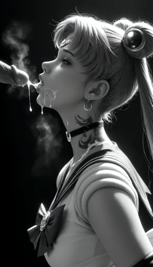 ((Cotton:1.9)), score_9, score_8_up, score_7_up, (white man), (close up), muscular, (steam on mouth:1.4), (seven inches penis), (standing up straight), excessive cum, dripping on to girl, cum, (looks with love and happy), (((profile view))), cum shooting, cum dripping, (((Sailor moon))), (woman 20yo kneeling), (woman looking up at man), (ban haircut), (((black silhouette))), (((monochrome:1.9))), heavy natural droplets breasts, (black background), (collar with spikes), (black makeup), (tattoos on neck:1.5), (red blindfolded:1.2), (plump lips:1.3), backlight, style, light, aausagi, long, hair, double, bun, twintails, parted, bangs, tiara, earrings, blue, eyes, red, choker, sailor, collar, bow, white, shirt, elbow, gloves, skirt, ornament, heart, see-through, multicolored, forehead, mark, wings, brooch, puffy, short, sleeves, yellow, layered, <lora:206223_training_data:2>, <lora:sailor_moon_animaginexl_v1:.8>