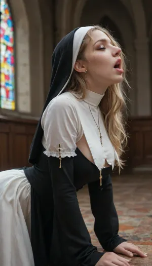 View from side, fully clothed. Not nsked. beautiful sexy nun, on all fours after being fucked, habit lifted over her arse, slender body, blonde long messy hair, moaning, mouth opened, (large natural breasts), (in a beautiful gothic church), cinematic masterpiece
