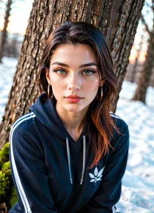 One beautiful young woman, Isaline Vaeloria, 26 years old. Light brown hair with soft waves at shoulder length, natural freckles on cheeks and nose, bright green eyes, soft pink lips, natural defined eyebrows, light tan glowing skin with visible fine pores, (no airbrushing), . Fit and slender body, realistic athletic feminine proportions. She is leaning casually against a tree in a city park in Boston during a cold morning, (~10°C), wearing a light gray cotton hoodie, (no belly visible), and fitted black leggings. Her right foot is resting against the tree, knee bent, while the left leg remains straight. Her left hand is tucked into her hoodie pocket, and her right arm is raised above her head with the forearm bent resting casually. She is looking to the side, not at the camera, with a soft distracted expression as if something caught her attention. Natural soft golden morning light touches her face and hair. Autumn dry ground, no snow. Realistic outdoor smartphone-style photo, captured from hip level up at a 45-degree angle, photorealistic, cinematic bokeh background. Only one person, (no duplicates), natural and spontaneous vibe.