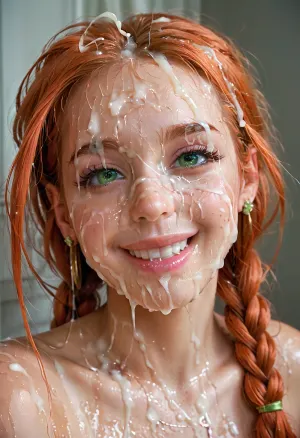 super close hot of bukkake, happy and smiling, hd Pastel green eyes and detailed iris, Long hair in braids, cumshots, facial portrait picture of her face in cum facial, with natural minimal makeup, a lot of Cum on her face, cum on her eyelashes, Cum on her eyelids, Cum on her cheek skin, her face wet with Cum, Cum on her pink lips. cum on her ginger hair, One of her ears dripping cum, woman, cum, on, face, <lora:JustCum:1.3>, <lora:add-detail-xl:.6>