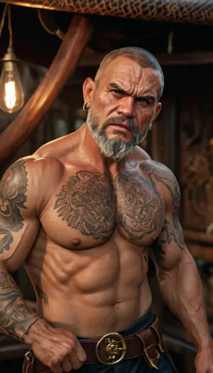 (RAW photo), 4K, best quality, realistic, photorealistic, masterpiece, extremely detailed, an extremely delicate and beautiful, dynamic, realistic anatomy, great lighting, perfect shading, professional shading, depth of field, ((solo)), 19th century, 48 yo ugly fat pirate man, captain, in Wasterland, in pirate ship, (((muscular tattooed body))), (angry attitude:1.4), 3/4 length view, (4K, high resolution, best quality), Wasteland, clothes, Photography, stvmccrr, style, <lora:detailed_notrigger:.8>, <lora:stvmccrr:.8>, artfshnshtr, <lora:436232_training_data:.8>, <lora:Tattoo_madness:.8>