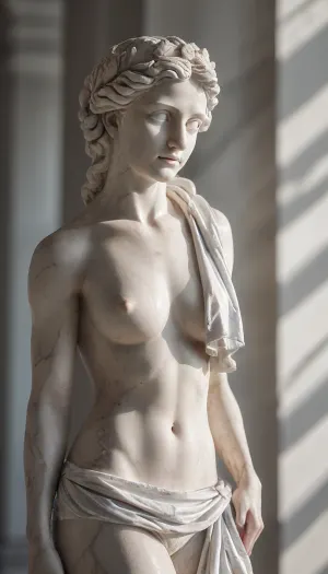 Absolutely white, [skin color], marble white, marble statue of a Greek-style goddess, (female), athletic body, slim body, small breasts, slender, with long legs, full height, naked, rags around waist, lustful, beautiful, sexy pose, aesthetic, shy, happy, smiling, bright lighting, <lora:tbh59-sdxl:.7>