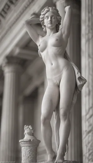 Absolutely white, [skin color], marble white, white skin, marble statue of a Greek-style goddess, (female), athletic body, slim body, small breasts, slender, with long legs, full height, naked, rags around waist, lustful, beautiful, sexy pose, looking up, one hand reaching for stars, aesthetic, shy, happy, smiling, bright lighting, <lora:tbh59-sdxl:.8>