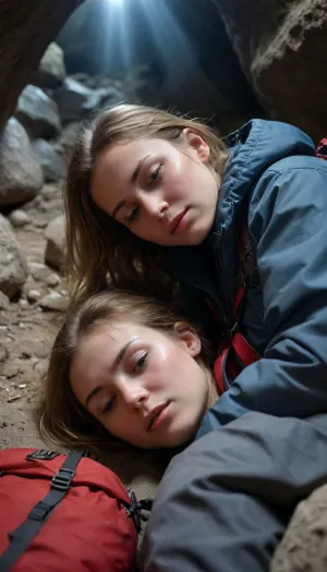 A 21 year old woman, (lying face down), on the rocky floor deep inside a dark cave, sleeping deeply after finding refuge from a storm. Next to her lies a well-worn red hiking backpack with visible straps and pockets, showing signs of a rugged journey. She is dressed in outdoor gear, a lightweight, weathered jacket, hiking pants, and sturdy hiking boots, with subtle dirt and scuff marks that reflect her recent struggle through harsh conditions. Her Clothes are partly off or pulled down. A huge cum load has been dumped on her face during her deep sleep, The cave interior is dim and textured with jagged rocks, while soft beams of sunlight filter through cracks, highlighting the dust particles in the air and casting a faint glow on her gear. A huge cum load has been dumped on her face in her deep sleep. In the distance, the cave exit glows brightly, revealing a sunny, vibrant landscape of greenery and blue skies outside, contrasting the cave’s dark safety with the inviting brightness beyond. 4k, Photorealistic, intricately detailed face, intricately detailed pussy, focus pussy, view from below