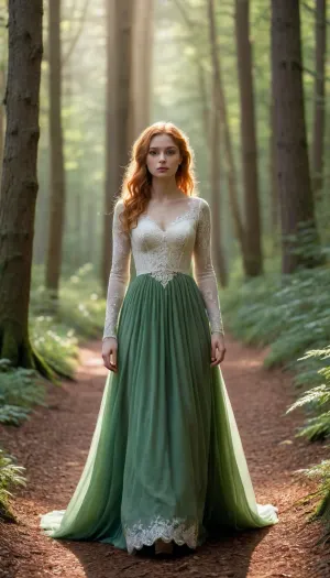 In a green, sun-drenched forest on an early morning at sunrise, where autumn leaves are falling from the trees, a fearful young woman wanders alone along a narrow forest path. She is petitely built and wears an ancient green dress with white lace. Her reddish-blonde hair falls in waves over her shoulders. Her delicate features radiate fear. A kind of whitish slime is clearly visible on her dress. Not much, but clearly visible.