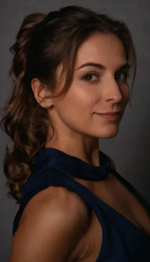 Facing forward, full body shot, ((40 years old)), Canadian woman, fit, supermodel body, middle-aged body, medium-sized bust, amateur scene, amateur webcam, camgirl, good lighting, phone camera shot, ((front view)), wearing navy blue dress, heavy makeup, wrinkles, shoulder length wavy brown hair, ((side part hair pulled back into ponytail)), and tan lines, shy smile, brown eyes, face in view wide view, <lora:clothed_small:.5>