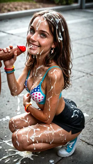 cinematic, ultrarrealistic, from above, from side, super cute face, 25yo beautiful petite brunette, youthful face, playful, cheeky smile, very busty, sweaty skin, brown hair, super skinny, freckles, squat, (cum covered her face:1.3), (cum on her face), with small boobs and sweet ass, semen drips down, cleavage, (cum on cleavage, cum on legs), cum, uncensored, realistic, ejaculation, precum, cum_on_body, handjob, erection, ((projectile_cum)), testicles, cum dripping out of her mouth, cumshots, Bukkake, spermface, sperm, mouth full of cum, cum on face, cum on body, cum swapping, excessive cum, covered in cum, projectile cum, visible ass, short girl, young adult girl, (petite), hair fringe, cutie face, big eyes, round eyes, long hair, brown eyes, small body, small breast, tiny boobs, wearing lifted pencil mini skirt, wearing printed thong, detailed printed thong, white sneakers, printed small bra, wearing colorful bracelets, petite body, tanned skin, professional photograph, ultra detailed, at disco toilette