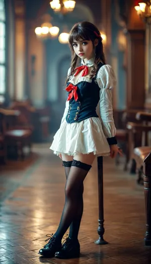 Petite 18-year-old cosplayer girl, full length, erotic cosplay, stockings, shoes, <lora:MJ52:.8>