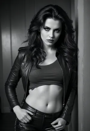 A confident female hair metal fan in her late 20s, captured in a stylish black-and-white photo. She has long, wild 1980s-style teased hair, dark eyeliner, and a fierce, seductive gaze. Her large, natural bust is artfully exposed, framed by a ripped vintage band shirt hanging loosely off one shoulder. She's wearing tight leather pants and studded accessories, leaning slightly forward with one hand in her hair and the other on her hip, exuding both rebellion and sensuality. The lighting is dramatic, casting sharp shadows that highlight her curves and the texture of the fabrics, creating a sensual yet tasteful rock ‘n’ roll aesthetic., ShirtUp, <lora:ShirtUp:.8>