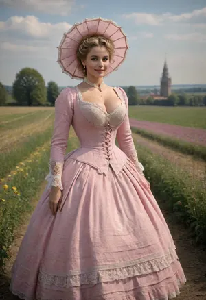 the mature Countess of Votzenhausen walks with the Count of Schwanzheim in a rape field on a sunny summer's day in 1799, the Countess protects her beautiful flawless face and décolleté from the sun with a parasol, (made of fine lace), . her perfect figure is emphasized by her pink lace dress, ((pink dress)), a cloud in the shape of a heart can be seen in the blue sky and little birds in love dance in the sky, the count grabs the countess's massive breasts, (((Count massages her breasts===and she smiles, 1880_dr3ss, 1890_dr3ss, 1900_dr3ss, 1905_dr3ss, 1910_dr3ss, Fortuny, big, breasts, huge, tits, Translated with DeepL.com, (free version)))), Victorian, London, Empire, large, breasts, big, boobs, huge, tits, <lora:Empire_SDXL_OnSite:.8>, <lora:bombshell_v2:1>