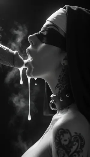 score_9, score_8_up, score_7_up, (white man), (close up), muscular, (steam on mouth:1.4), seven inches penis, (standing up straight), excessive cum, dripping on to girl, cum, (looks with love and happy), (((profile view))), cum shooting, cum dripping, (((nun))), (woman 20yo kneeling), (woman looking up at man), (ban haircut), (((black silhouette))), (((monochrome:1.9))), heavy natural droplets breasts, (black background), (collar with spikes), (black makeup), (tattoos on neck:1.5), (blindfolded:1.5), (plump lips:1.1), backlight, style, hair, light, <lora:206223_training_data:2>