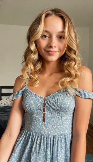 (C, v6NnJTjy/Siy5Haa9.jpeg?v=1720459275), 18 years old, thin, androgynous body, small breasts, amateur scene, amateur webcam, camgirl, good lighting, phone camera shot, front view, wearing casual sundress, light makeup, shoulder length wavy blonde hair, ((middle part hair)), gen z hair, and tan lines, shy smile, face in view wide view