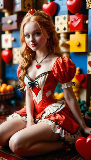 (((real woman))), ((Lego brick pattern style)), (photo of giant Lego brick pattern like vsion of Alice in Wonderland beautiful ginger woman, sitting very relaxed thrown in the Lego brick pattern like palace of Queen of Hearts, seductive, Lego brick pattern like tight micro mini Alice in Wonderland evil Lego like queen dress, Without panties, high heels masterpiece, long legs, blue eyes:1.1), (has a naughty grin expression), (Lego like The Queen of Hearts sittinge submissive at side from Alice and kissing her legs:1.2), (best quality), (detailed), (wallpaper), (cinematic lighting), (sharp focus), (intricate), ral-vlntxplzn, LEGO, <lora:ral-vlntxplzn-sdxl:.7>, <lora:Microwaist_XL_v01:1.5>, <lora:MJ52:.7>, <lora:xl_more_art-full_v1:.5>, <lora:650274_training_data:.4>