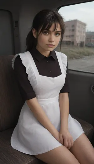 (RAW photo), 4K, best quality, realistic, photorealistic, masterpiece, extremely detailed, an extremely delicate and beautiful, dynamic, realistic anatomy, great lighting, perfect shading, professional shading, depth of field, close up, face focus, fit 18 yo girl, in Wasterland, sitting on a bench in the back of a truck, (scared attitude:1.1), (wearing black soviet school uniform with a white apron), ((completely clothing)), dark bangs ponytail haircut, ((makeup:1.2)), 1/2 length view, (4K, high resolution, best quality), Wasteland, clothes, Photography, stvmccrr, style, <lora:detailed_notrigger:.8>, <lora:stvmccrr:.8>, <lora:ahxl_v1:.8>, <lora:580159_training_data:.8>, suxl, <lora:suxl:.8>