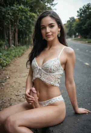 columbian shemale jerking her long dick, futanari, columbian, long dark hair, ebony, real, realistic, like real photo of shemale, ladyboy, femboy, jerking dick, stret medellin, sitting on the road with clother but a little bit transparent