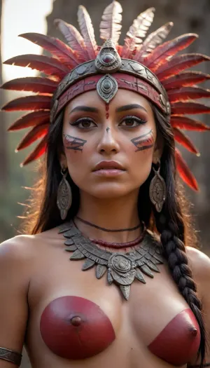 Photorealistic, Very detailed, deep depth of field, ultra-high resolution, Sharpened, Overexposure, Parallax, Wide Angle, Night Vision, Renaissance, Dramatic red sunset with long shadows, A young, stunning, wild, seductive, flirtatious, slender Aztec warrior woman with a highly detailed face and war paint. She wears short Aztec warrior clothing and Aztec jewelry. She is performing an occult blood sacrifice ritual in front of an ancient Aztec temple in the Mexican jungle. she is in a Pools of blood, knives, spears, and skulls lie on the ground, She have flat small breasts, natural soft shining skin, soft face and body, She plays romantically with her hair, (She is looking in any direction), (((worm's-eye view))), Face closeup