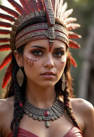 Photorealistic, Very detailed, deep depth of field, ultra-high resolution, Sharpened, Overexposure, Parallax, Wide Angle, Night Vision, Renaissance, Dramatic red sunset with long shadows, A young, stunning, wild, seductive, flirtatious, slender Aztec warrior woman with a highly detailed face and war paint. She wears short Aztec warrior clothing and Aztec jewelry. She is performing an occult blood sacrifice ritual in front of an ancient Aztec temple in the Mexican jungle. she is in a Pools of blood, knives, spears, and skulls lie on the ground, She have flat small breasts, natural soft shining skin, soft face and body, She plays romantically with her hair, (She is looking in any direction), (((worm's-eye view))), Face closeup