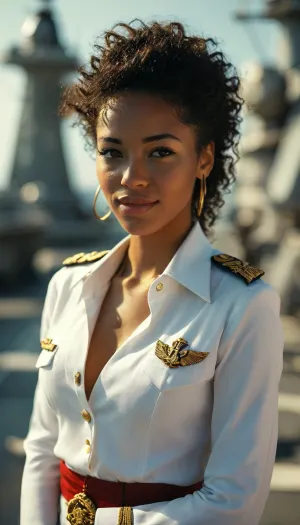 US Navy Aircraft Carrier, sexy afro-latina naval officer, naval uniform, unbuttoned, cleavage, tanned, sexy smile, <lora:add-detail-xl:.8>, <lora:MJ52:.8>