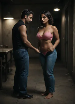 (One male, one female), at a roadblock, behind a inspection booth., (Indian woman:1.6), early 30s, golden-brown skin, curvy, wearing a deep green low-cut top, jeans and pink strappy G-string., She stands barefoot facing a steel table with hands placed on the table surface., Her top is lifted up to reveal her breasts, jeans pulled down to her ankles., A dominant male customs officer in a black uniform, muscular with short hair, squats behind her, pulls her G-string to one side to expose her pussy, under the guise of search protocol., Fluorescent lighting, security cameras watching, door ajar., Her flushed face and parted lips show shame and arousal., photorealistic, cinematic 8K, shallow depth of field, soft bokeh, DSLR style lens., <lora:CinematicStyle_v1:1>, <lora:dark:.4>, <lora:add-detail-xl:1>, <lora:SDXLFaeTastic2400:1>, <lora:SDXLHighDetail_v6-000005:1>