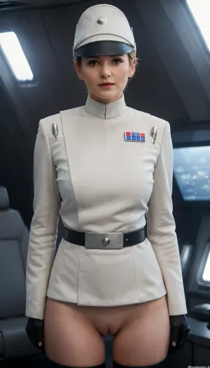 45 years old mature lady, Very attractive, short slicked hairstyle, Imperial, officer, wearing, a, (white), uniform with black imperial officer hat, short tunic that makes her genitals visible, nude hairy genitals, ((no pants on)), ((naked visible genitals)), dark spaceship background, skirtlift, <lora:Imperial Officer:.8>, <lora:skirtlift_xl:.3>