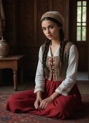 (masterpiece, best quality, photorealistic, ultra-detailed), 1girl, Aisylu Sharafieva, 19 y.o., Tatar, soft olive skin, almond-shaped deep brown eyes, straight black hair braided and tucked into traditional kalfak hat, high cheekbones and delicate full lips, wearing long white embroidered tunic with velvet vest, wide floor-length red skirt, seated cross-legged on woven rug inside traditional wooden Tatar room with carved walls, colorful pillows and hand-woven tapestry behind her, soft warm light from small window casting shadows, brass samovar on low table, calm and modest expression, cinematic rural realism, <lora:add-detail-xl:1.2>