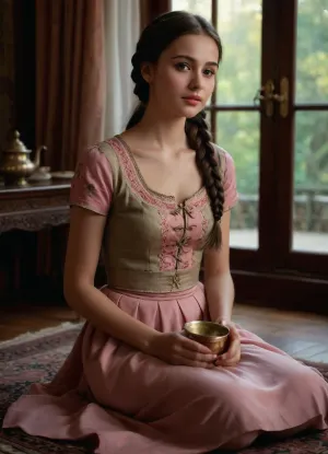 (masterpiece, best quality, photorealistic, ultra-detailed), 1girl, Aisylu Sharafieva, 19 y.o., Tatar, light olive glowing skin, brown almond-shaped eyes, glossy black hair in braid over shoulder, soft symmetrical face with pink lips, fitted embroidered tunic snugly outlining her chest, vest open slightly at collar revealing collarbones, wide skirt drawn close to legs with subtle drape, seated on knees on rug next to brass samovar, one hand on lap, the other holding small porcelain cup, faint smile and gentle blush, warm glow from carved wooden window, rich colors from tapestry reflecting on her form, cinematic lighting, <lora:add-detail-xl:1.2>