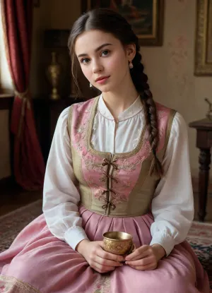 (masterpiece, best quality, photorealistic, ultra-detailed), 1girl, Aisylu Sharafieva, 19 y.o., Tatar, light olive glowing skin, brown almond-shaped eyes, glossy black hair in braid over shoulder, soft symmetrical face with pink lips, fitted embroidered tunic snugly outlining her chest, vest open slightly at collar revealing collarbones, wide skirt drawn close to legs with subtle drape, seated on knees on rug next to brass samovar, one hand on lap, the other holding small porcelain cup, faint smile and gentle blush, warm glow from carved wooden window, rich colors from tapestry reflecting on her form, cinematic lighting, <lora:add-detail-xl:1.2>