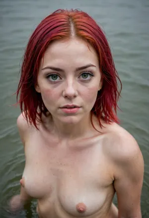 Woman 40 years old, sexy, body, chubby body, masterpiece, best quality, details, high quality, detailed face, detailed eyes, tiny breasts, sharp pink nipples, big eyes, fat belly, serious, shy, 1 woman, attractive woman, very beautiful, wrinkles, freckles, standing waist-deep in water, hair pulled back, (top view:1.3), standing in the water. water. lake in the rain, loving eyes, nude, ((thin lips)), ((red hairy pube)), wet hair, neon yellow hair, messy hair, autumn, goosebumps, Bob cut hair, woman Cute, <lora:FDXLBigEye:.3>, telephoto, full body view