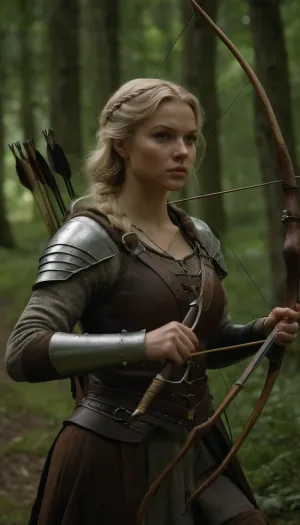 (((medieval))), female hunter, blonde hair, wearing medieval hunter outfit, carrying bow and arrow in the forest, ((very athletic fit built)), looking at viewer. 4k, photorealistic, ZipRealism, ohwx.