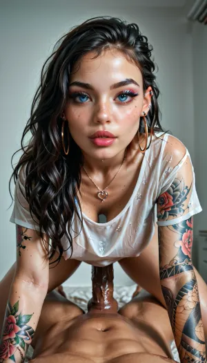 Realistic, 8K UHD, hot white 25 year old slim petite skinny with beautiful face, dimples, loose shirt with neck, make up, busty rounded perfect boobs, caribean blue eyes, soft smoke eyeliner, large plump lips, strip lush eyelashes, pale skin color, stilleto nails, monroe piercing, black velvet lipstick, small skinny rounded butt, red long hair, loop earrings, piercing at ears, petite, (many tattoos on whole body:1.4), (dark skinned large gigantic massive enormous huge dick), 1girl, 1boy, anal, on all fours ass up, facing front, detailed, eyes, perfect, freckles, skin, texture, photorealistic, <lora:milkers_v2:.4>, <lora:add-detail-xl:.8>, <lora:Super_Eye_Detailer_By_Stable_Yogi_SDPD0:.8>, <lora:detailed_notrigger:.8>