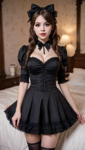 (18-year-old petite woman:1.6), (big breasts:1.6), (gothic Lolita dress:1.6), (bushy pubic hair:1.6), (Lolita bedroom:1.6), sweaty skin, toned, full-length photo, 70mm lens, aesthetic, symmetrical, muscular, athletic, sharp, textured skin, perfect body, goosebumps, detailed, slim, small waist, (perfect fingers:1.2), <lora:chest_adjust:.8>, <lora:289505_training_data:.8>, <lora:253562_training_data:.8>