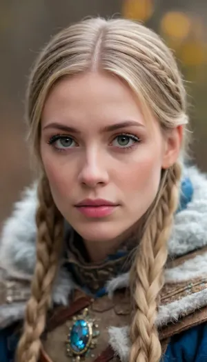 A fiercely proud Nordic girl stands, her presence exuding unwavering strength. Her blonde braids cascade down her back, framing a face marked by determination and resilience. This stunning portrait captures her piercing blue eyes, reflecting the icy landscapes of her homeland. The intricate details of her embroidered Viking armor and fur-lined cloak speak of her warrior spirit. This high-quality painting seamlessly combines power and grace, drawing the viewer into the captivating story of a fierce Nordic warrior princess. body manipulations, divine proportion, non-douche smile, gaze into the camera, holographic shimmer, whimsical lighting, enchanted ambiance, soft textures, imaginative artwork, ethereal glow, silent Luminescence, whispering Silent, iridescent Encounter, vibrant background, full body, (((rule of thirds))), high quality, high detail, high resolution, (bokeh:2), backlight, (long exposure:2)
