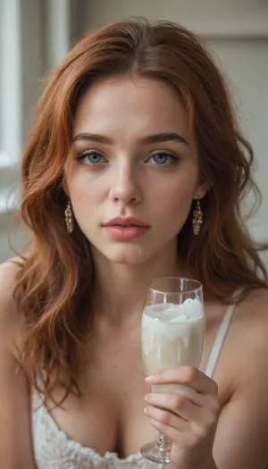 Beauty, redhead, big natural hanging boobs, drink glass of cum, bukkake, cum swallow, transparent bottle of cum, cum drink