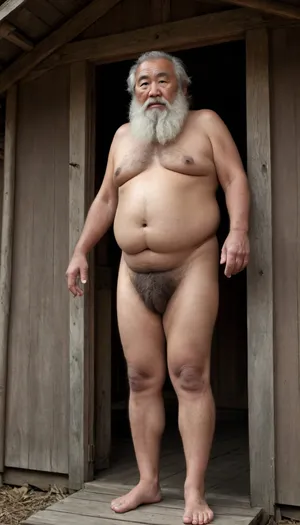 old hut, tall ugly fat asian bearded old man 80+, ((huge thick veiny penis)), (hairy private part:1.4), realistic, (full body view:1.5)
