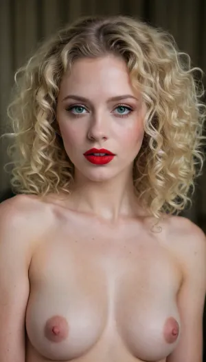curly blonde hair, red lipstick, green eyes, pale white skin, naked